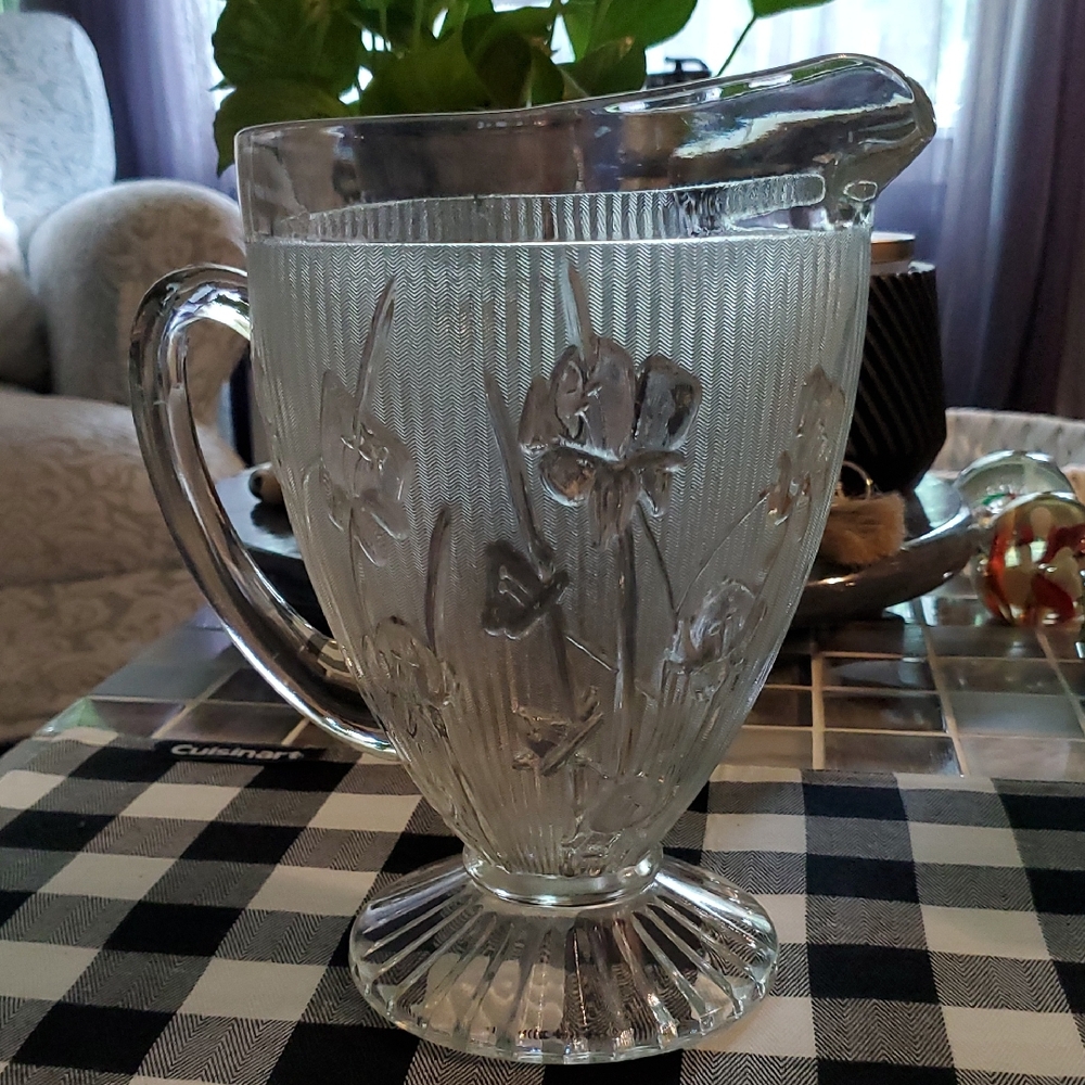 Vintage Jeannette Iris & Herringbone Clear Glass Pitcher